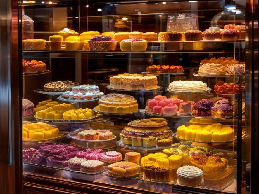 Vitrine farta de bolos, tortas e doces coloridos